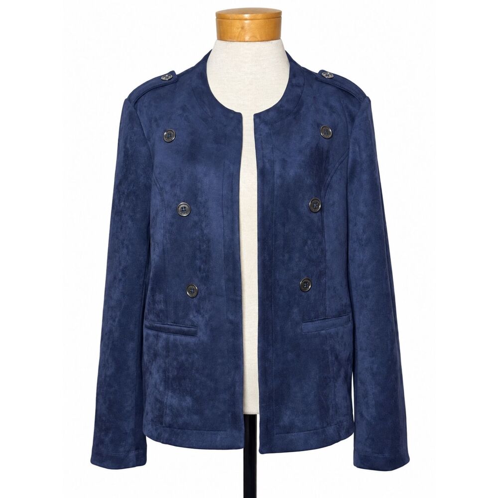 Tahari Navy Blue Faux Suede Military Jacket 14 NWT Double Breasted Collarless